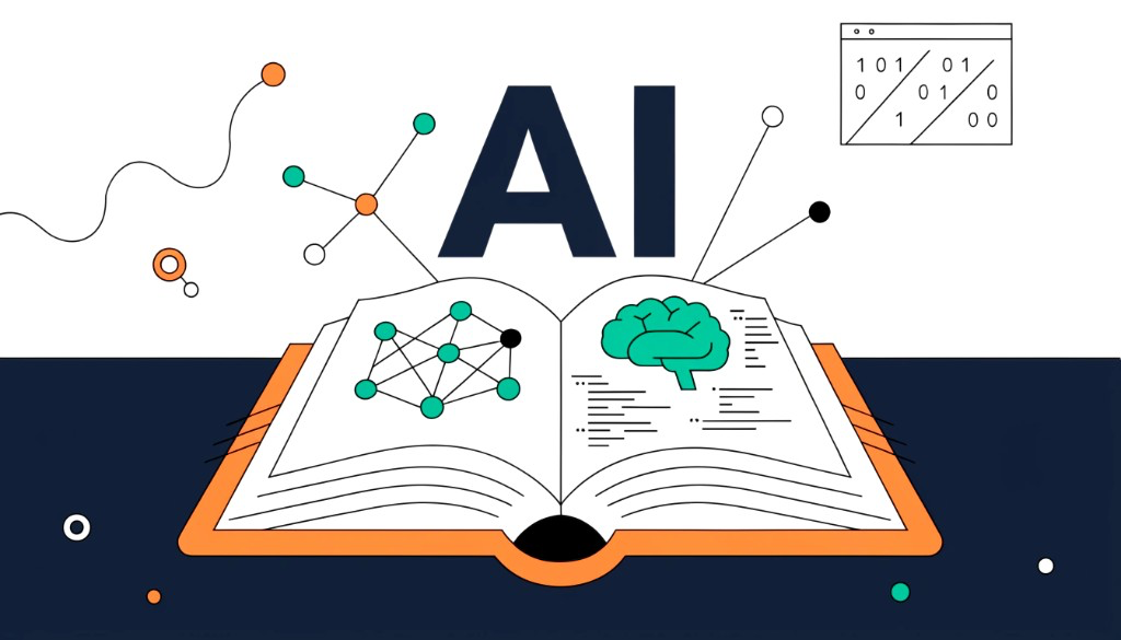 AI translation — book with neural network and brain motifs