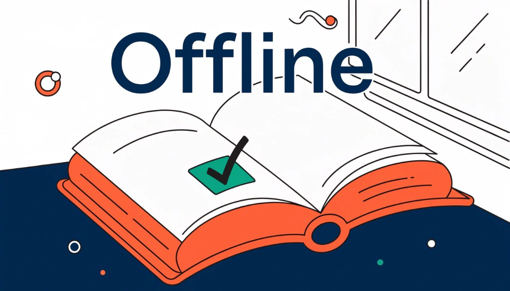 Offline translation — open book with a checkmark, ready without a network