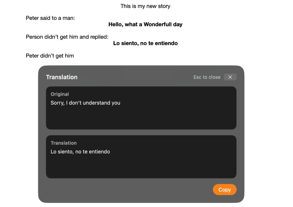 Floating Translation window showing original text and translation with Copy