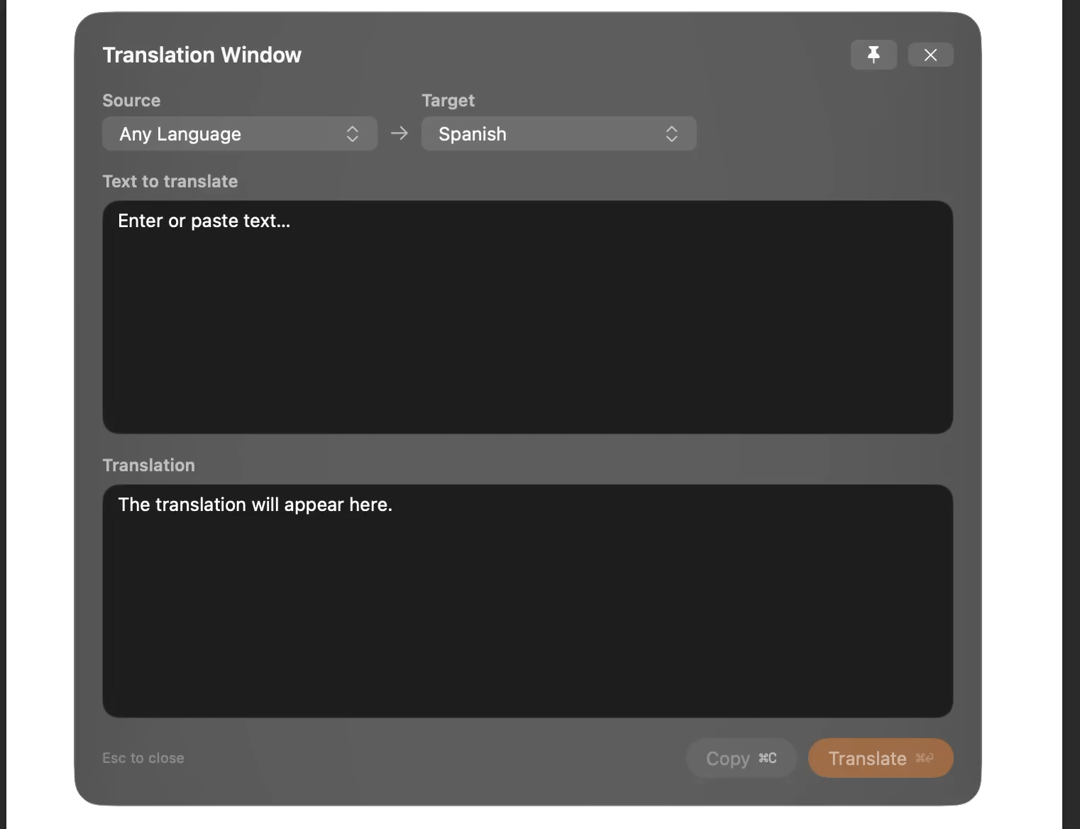 Translation Window — paste or type text and translate without a selection