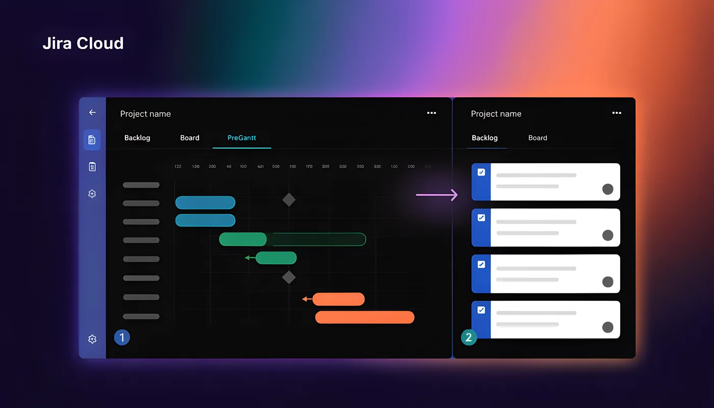 PreGantt Gantt view beside a Jira backlog — plan before creating issues