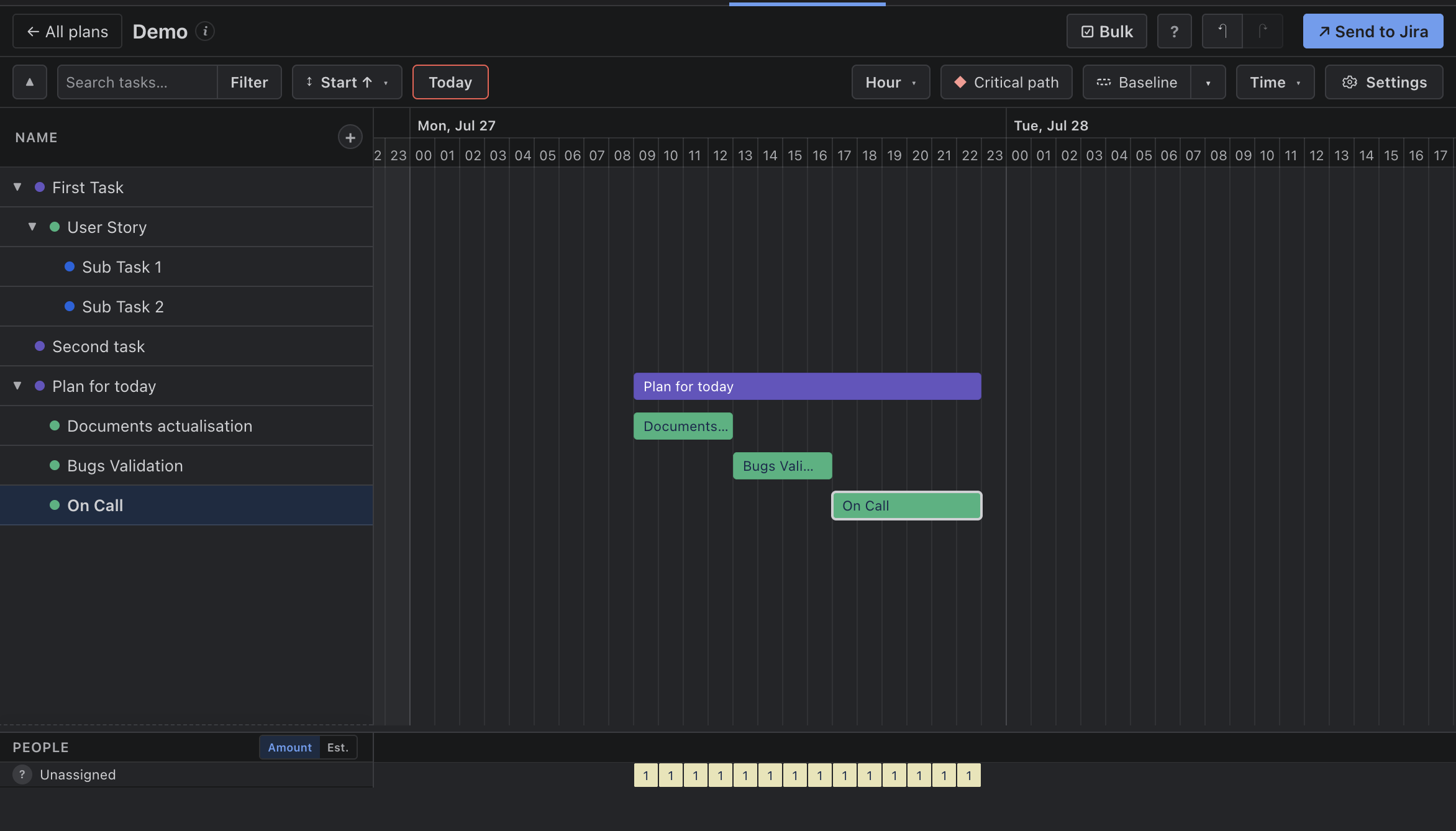 Hourly mode — hour zoom with multiple same-day tasks on the timeline