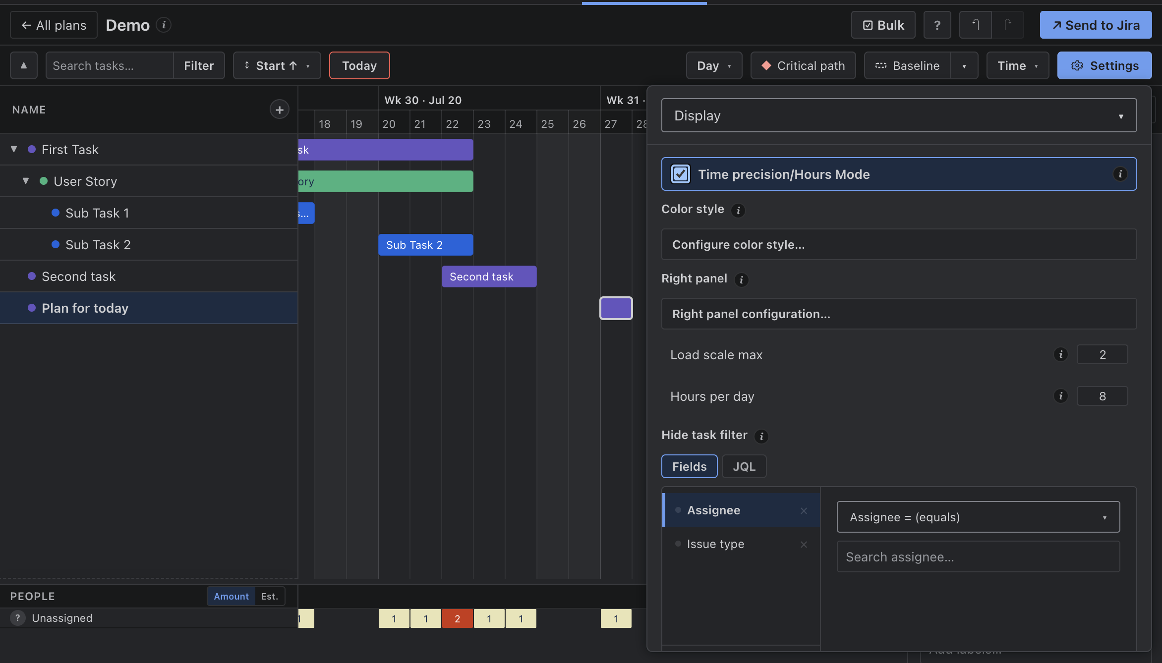 Settings → Display — Time precision / Hours mode toggle
