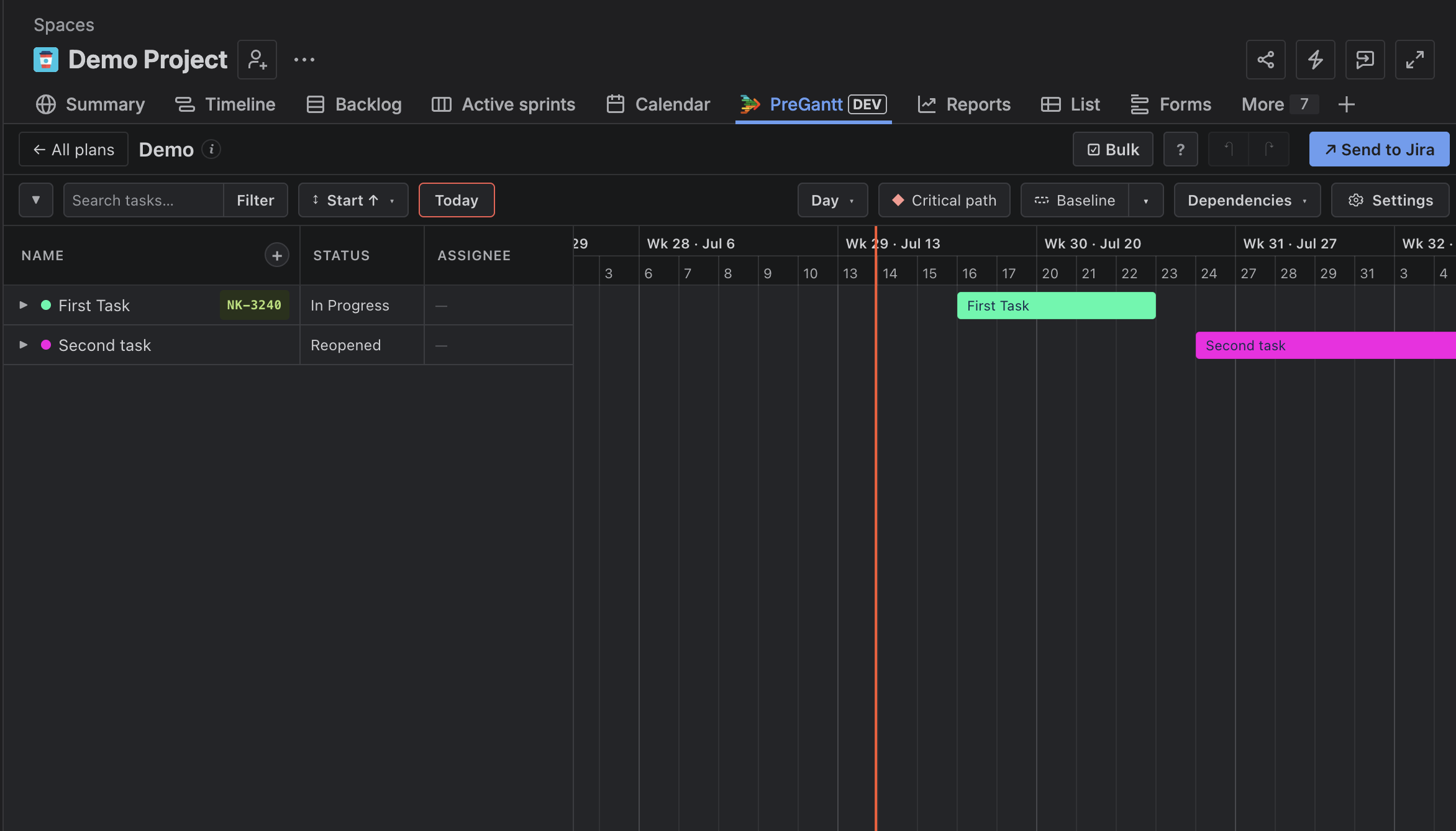 PreGantt tab inside a Jira project — Summary, Backlog, PreGantt, Reports