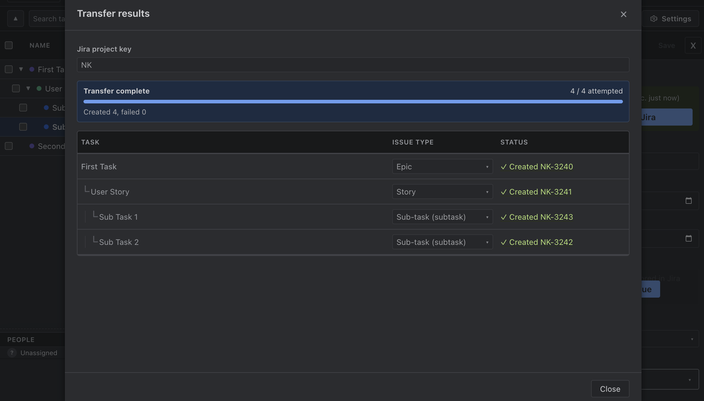 Transfer results — 4 of 4 tasks created in Jira