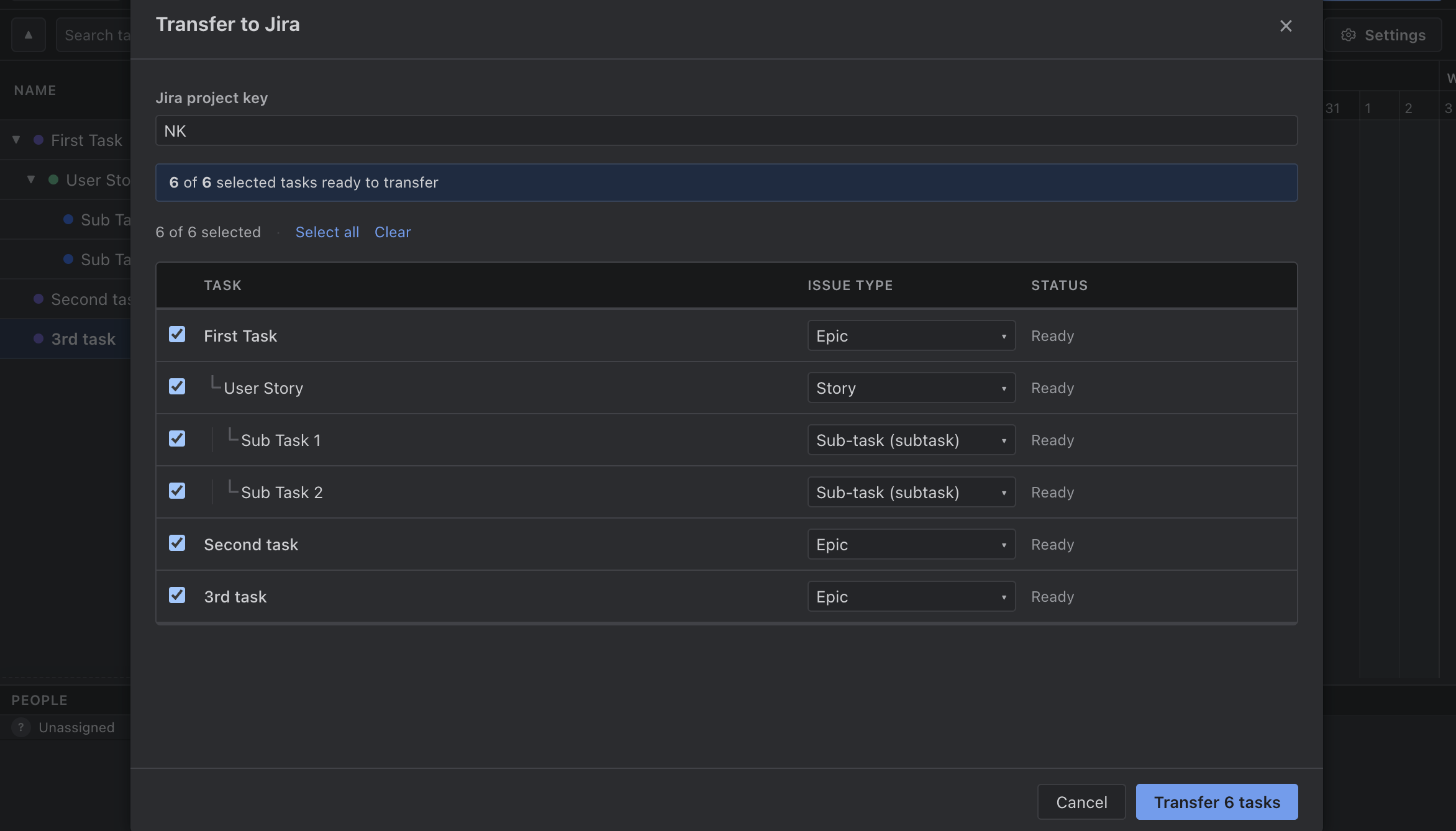 Transfer to Jira — map tasks to issue types before creating in Jira
