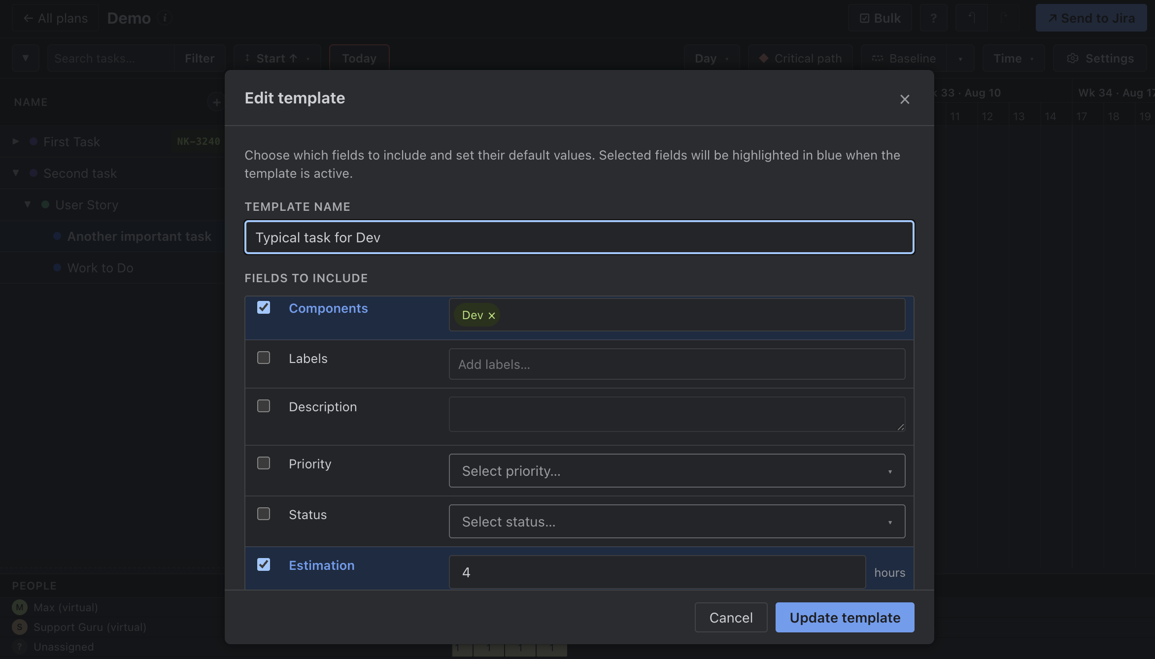 Edit template — set default fields and values for Typical task for Dev