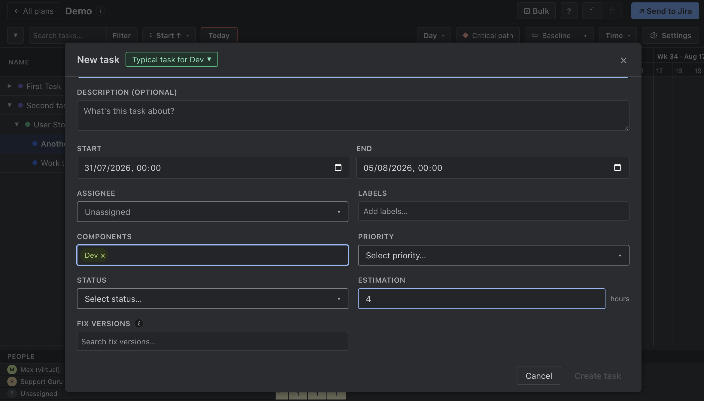 New task — pick a template and pre-fill Components, Estimation, and more