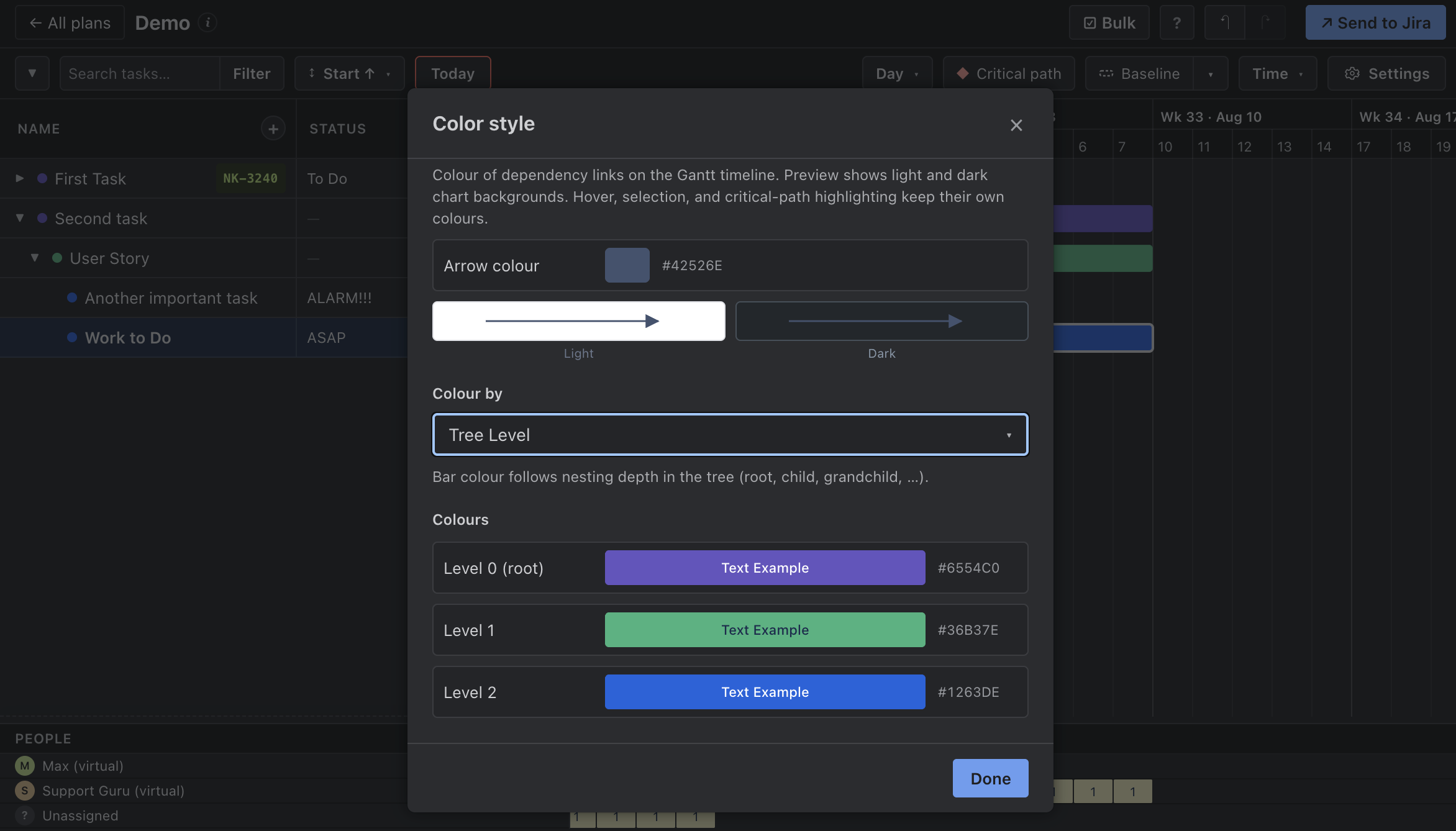 Color style — pick bar colours by tree level and dependency arrow colour