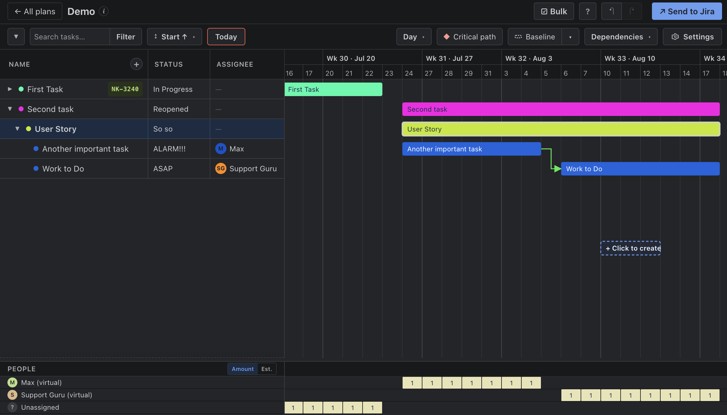 Critical path overlay — highlight the chain that drives the end date
