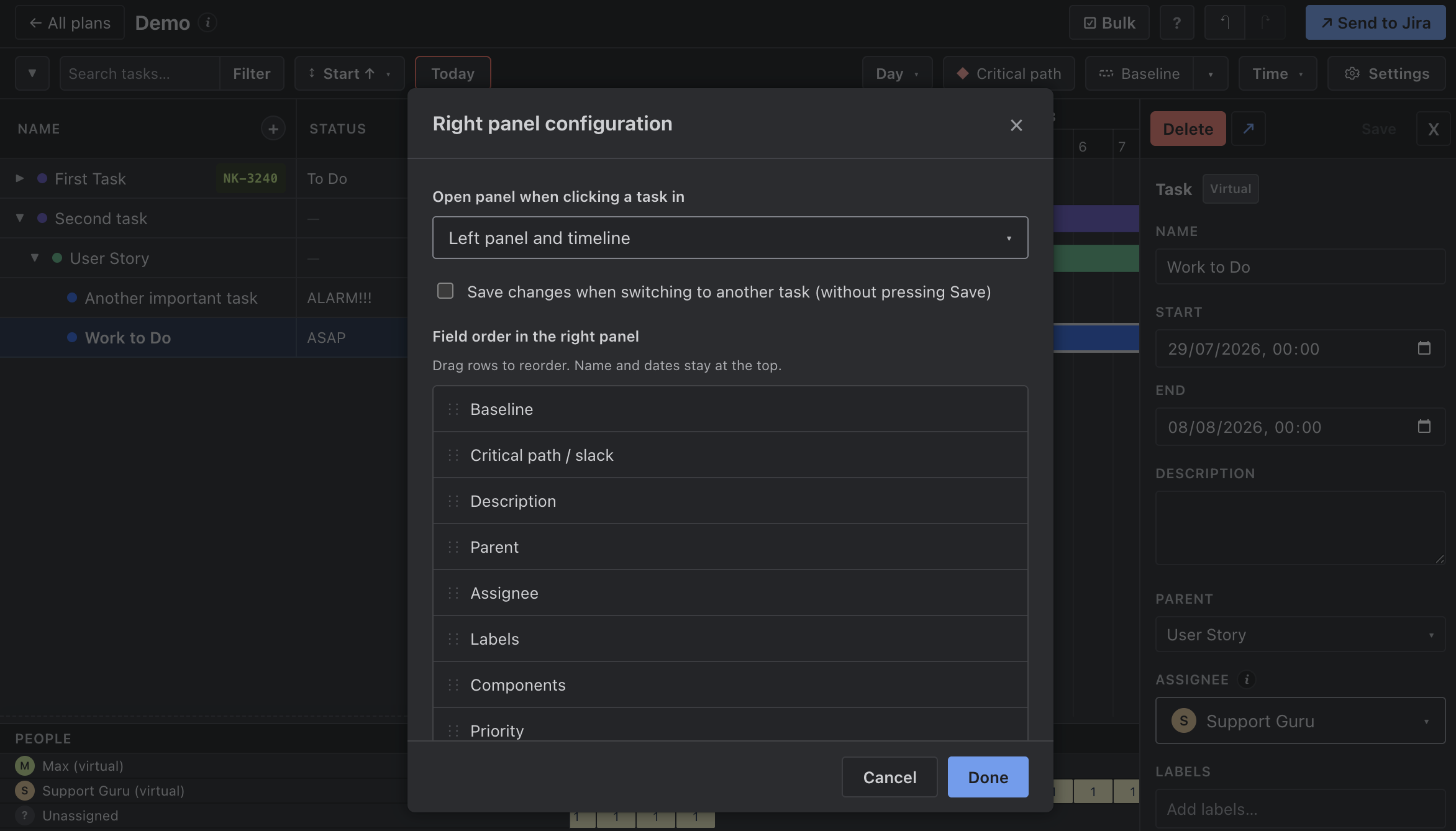 Right panel configuration — reorder fields and choose when the panel opens