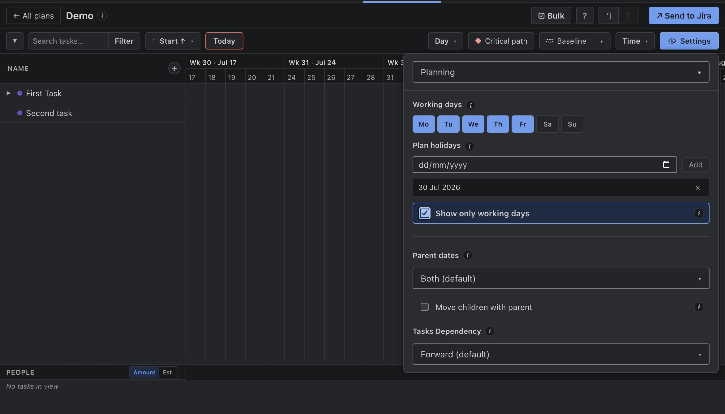 Settings — pick working days and add plan holidays